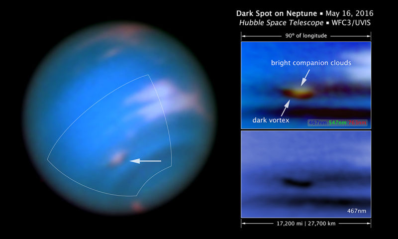 The dark vortex observed by Hubble in Neptune’s southern hemisphere last year. Image: NASA, ESA, and M.H. Wong and J. Tollefson